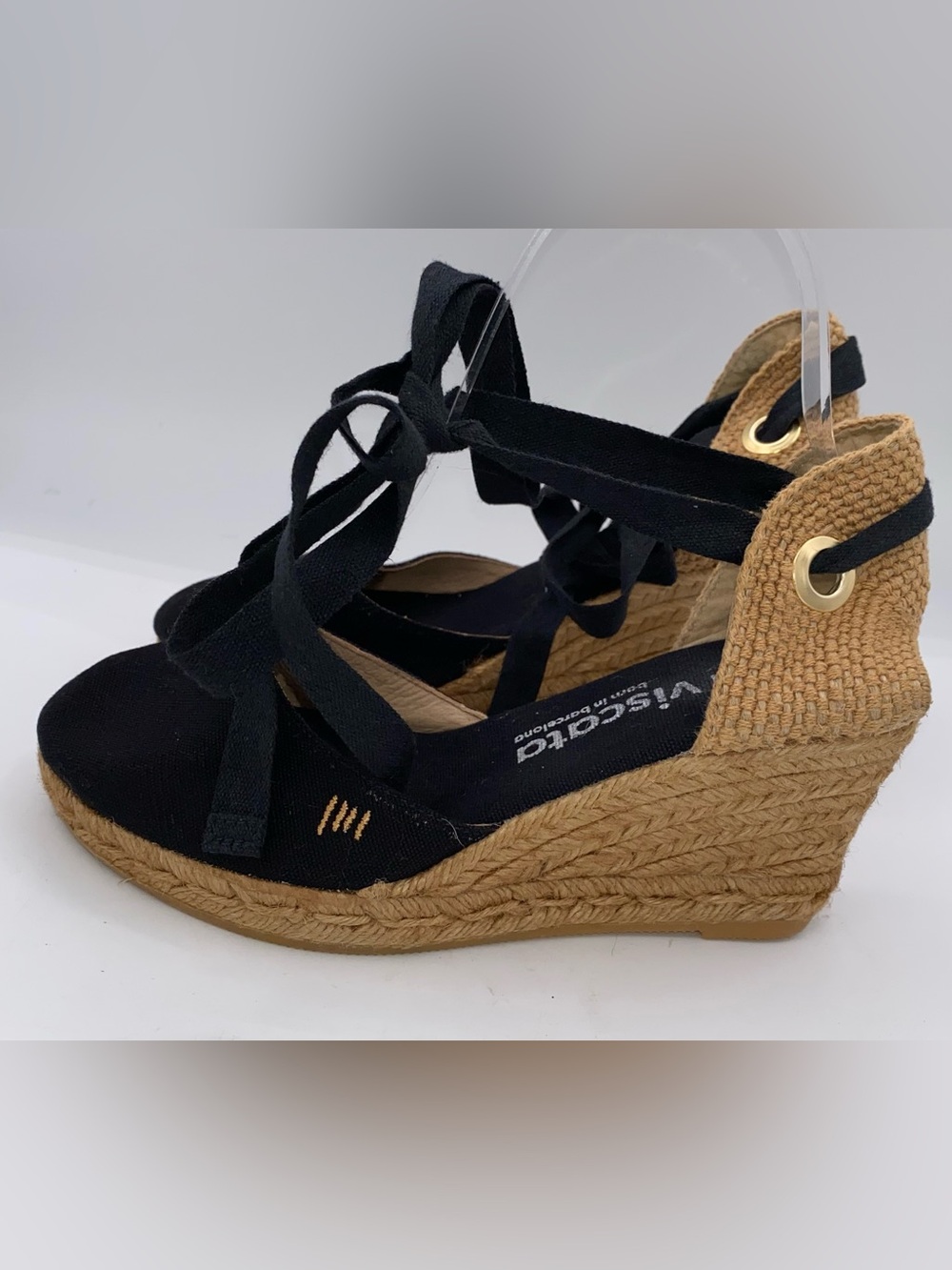 VISCATA Black Canvas Espadrille Wedge Sandals with Ankle Tie